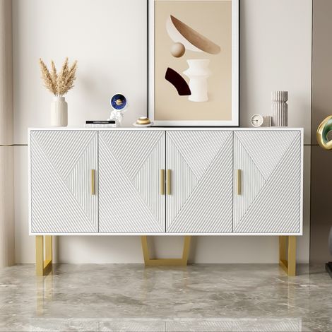 Credenza 150x40x82 cm in MDF con 4 ante, ante texturizzate laccate, maniglie dorate e ripiani regolabili, bianca (1/5)