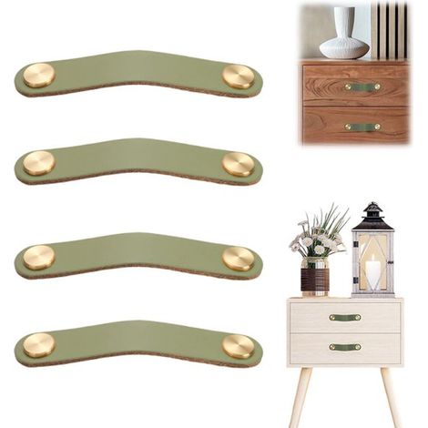 Lot de 4 poignées en cuir vert olive (96 mm) pour meubles, tiroirs, placards de cuisine et buffets. Vis incluses. (1/5)