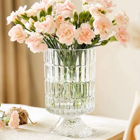 Vase en cristal en relief de 18 cm, avec socle, pour bouquet, vase hydroponique transparent pour la maison, le bureau, un mariage, une table à manger, une fête, motif côtelé (1/5)