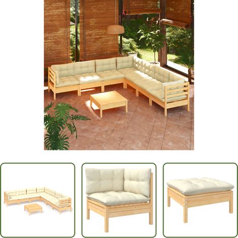 Terrassensofa - 8-tlg. Garten-Lounge-Set mit Creme Kissen Massivholz Kiefer (1/5)
