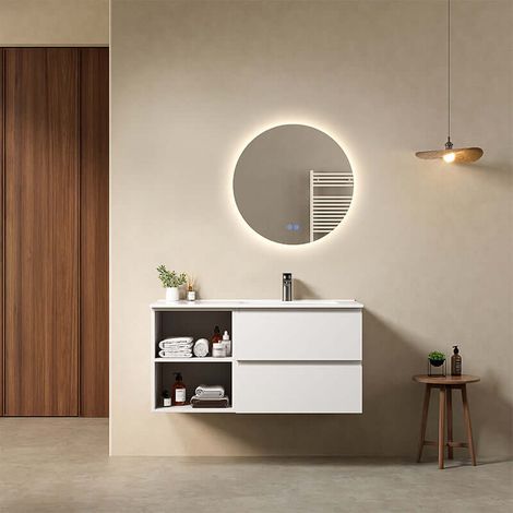 Mobile bagno sospeso 100 cm Bianco Opaco Lavabo a Destra in Ceramica Specchio Tondo Retroilluminato - Fiji Paint Plus