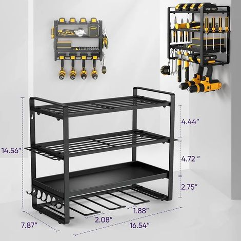 (42 x 20 x 38 cm) Grand organisateur mural pour outils électriques, robuste, à 4 niveaux, support pour 12 perceuses, étagère de rangement pour batteries, idéal pour atelier, remise ou sous-sol. (1/5)
