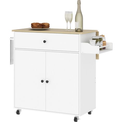 Desserte de cuisine îlot sur roulettes 106 x 42 x 87 cm tiroir plan rabattable style contemporain épuré en MDF blanc (1/5)