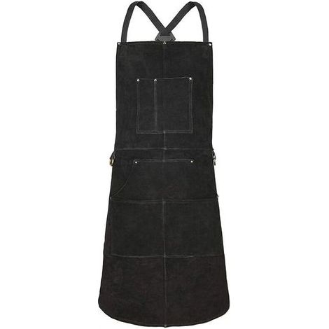 Schweißerschürze mit sechs Taschen, aus feuer- und hitzebeständigem Leder, verstellbar, Größen M bis XXXL, ideal für Schmiede, Maschinisten und Werkstätten. (Schwarz) (1/5)
