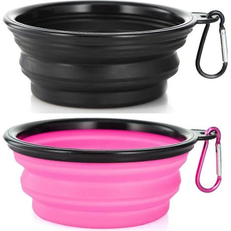 Gamelles pliables chiens chats lot de 2 portables promenades voyages avec 2 mousquetons petit modèle noir rose (1/5)