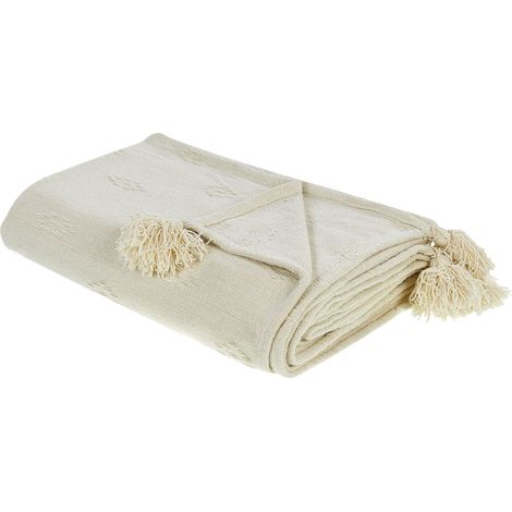 Couvre-lit Plaid Couverture en Chenille 220 x 240 cm Décoratif avec Pompons Beige Kazy (1/5)