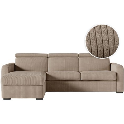 Canapé CAROLE d'angle convertible 4 places couchage quotidien 140x190cm en velours côtelé - Taupe (1/5)