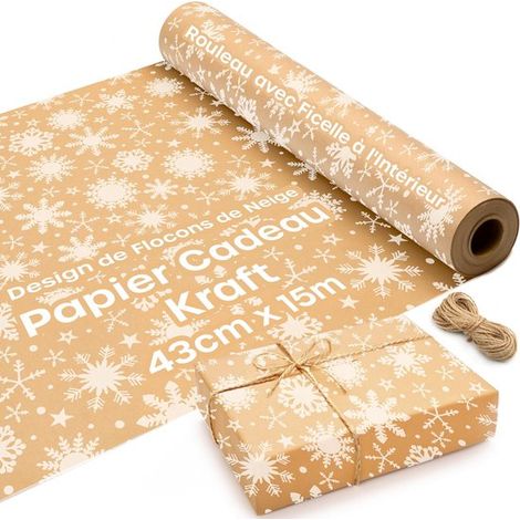 15 m umweltfreundliches Weihnachtspapier – braunes Kraftpapier mit Schneeflockenmuster für Geschenke (1/5)