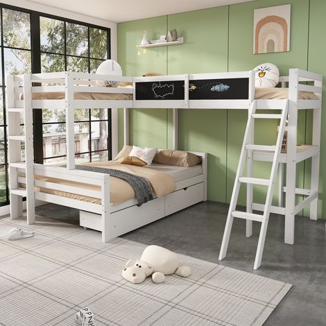 Lit mezzanine enfant blanc 140×200 & 90×200 cm,3 couchages,tiroirs en pin,bureau et étagères intégrés,lit superposé sécurisé (1/5)