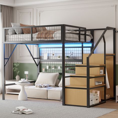 DESVIAE Lit mezzanine 140 x 200 cm en métal avec escalier de rangement armoire ouverte bande LED contrôlée par application espace sous lit optimisé filet de sécurité noir (1/4)