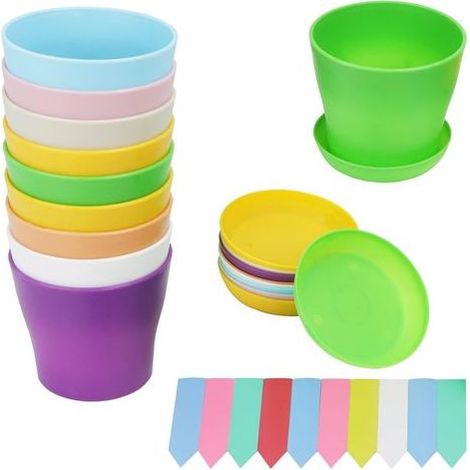 TAISHENGDA – Set di 10 piccoli vasi da fiori in plastica per giardino, ufficio e camera da letto con sottovasi, 8 colori e 10 etichette per piante (1/5)