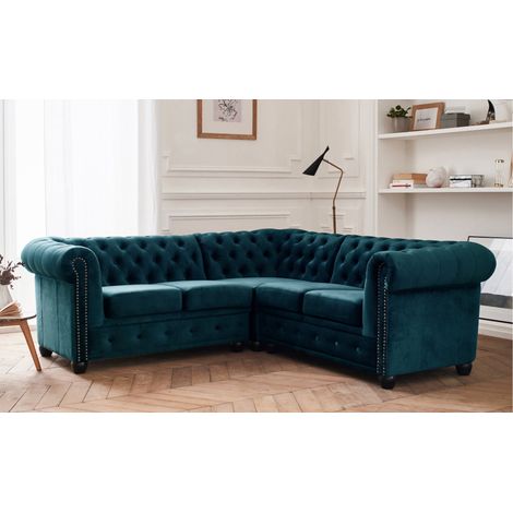 Lisa Design – Canapé d'angle réversible 5 places – Velours bleu canard – Style Chesterfield – Assise profonde et confortable – Dimensions L212 x P212 x H72 cm