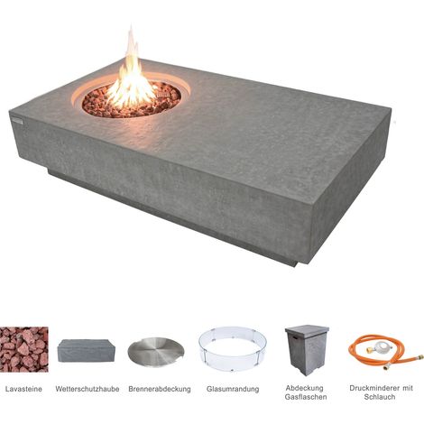 METROPOLIS Gas-Feuertisch 4-tlg. Set Glasfaserbeton 142x81x35 hellgrau
