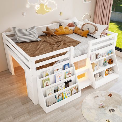 Lit mezzanine - 140x200 cm - échelle - barrières de sécurité - rangements intégrés - éclairage led - pin et mdf - lit enfant - blanc (1/5)