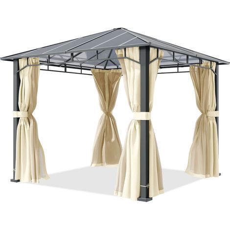 TOOLPORT Gazebo giardino 3x3 m, alluminio, tetto policarbonato 8 mm, beige - con pannelli laterali e zanzariere (1/5)