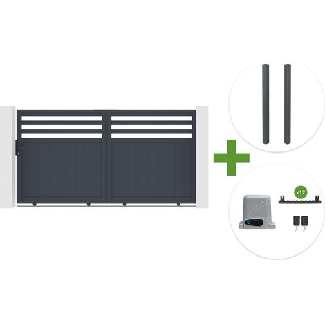 Portail coulissant 3m NEVIS H.160cm aluminium gris + 2 poteaux ELDA aluminium gris 15x15cm + motorisation Ranger C300 (1/5)