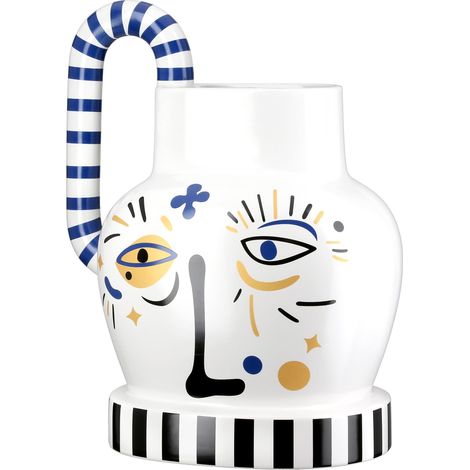 Vase à Anse Fira - en céramique - Blanc - Hauteur : 23 cm - Largeur : 23 cm - avec Motif Visage - Vase décoratif étanche (1/4)