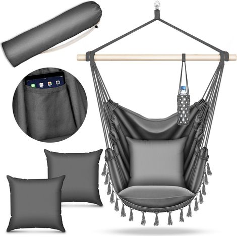tillvex Silla colgante antracita con 2 cojines colgantes  Silla colgante con portavasos y compartimento para libros  Asiento colgante resistente a la intemperie - interior y exterior  Cesta colgante c (1/5)