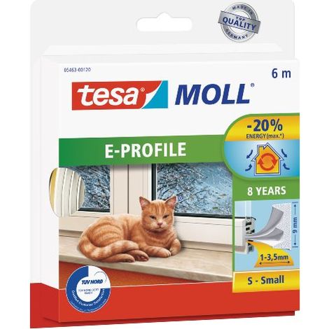 tesa tesamoll E-Profile Seal, Gomma Sigillante per l'Isolamento degli Spazi tra Porte e Finestre, Bianco, 6 m x 9 mm x 4 mm (1/4)