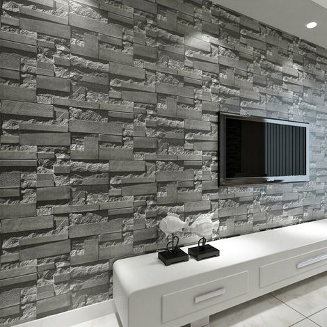 New Stacked Brick Wallpaper Realistic 3D Effect Rustic Feature Wall Covers, Dark Grey (1/5)