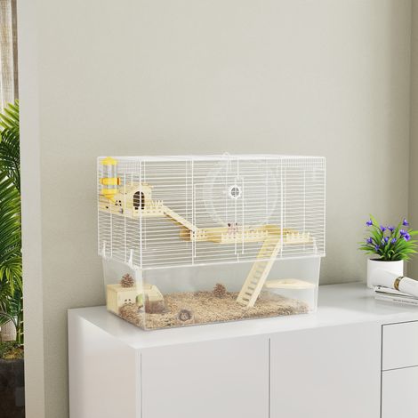 Cage à hamster à 3 niveaux, cage rongeur avec roue d'exercice, plateau profond transparent, 59 x 35,5 x 47 cm, blanc