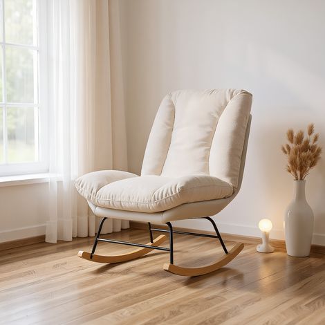 Schaukelstuhl mit Berbervliesoptik, Schaukelsessel mit verstellbarer Rückenlehne, Gepolsterter Sessel, für Wohnzimmer, Garten und Terrasse, Leinen Beige und Grau , 74 x 90 x 92 cm (1/5)