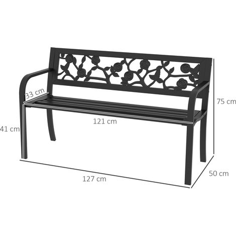 Banc de jardin deux places en acier avec dossier et accoudoirs décorés, 127 x 50 x 75 cm, noir (1/5)