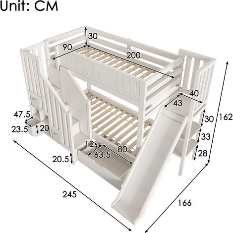 Lit superposé enfant 90×200 cm avec toboggan, penderie échelle, grands tiroirs et étagère ouverte, blanc, sommier à lattes, conforme à la norme de sécurité EN747‑1:2024, idéal pour les familles nombre (1/5)