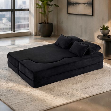 Canapé de sol convertible en velours noir, mousse haute densité et ressorts, avec 4 coussins, sans montage, idéal pour salon ou chambre – de FLORAGRACE (1/5)
