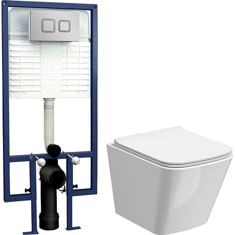 Hilderstone Soft Square Wall Hung Toilet Pan, Soft Close Seat & Concealed Cistern with Square Push Button Plate, 325mm - Balterley
