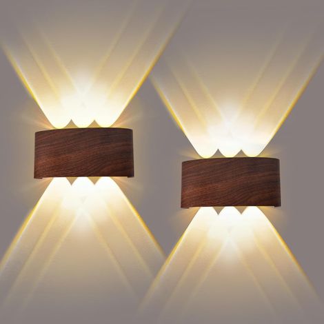 Appliques Murales LED Up Down 2 Pièces 6W 3000K Blanc Chaud IP65 Étanche Alliage d'Aluminium avec Finition Bois Luminaire Éclairage Mural Intérieur Extérieur pour Chambre Salon Balcon Couloir