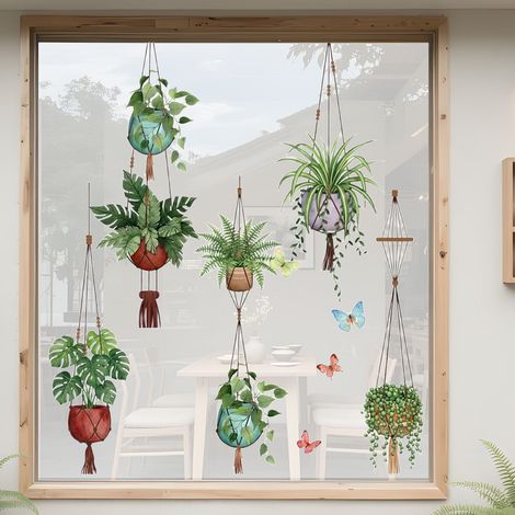 Fensteraufkleber für Topfpflanzen, Antikollisionsaufkleber für den Frühling, tropische Blätter, grüne Ranken (1/5)