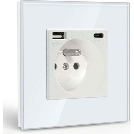 Prise Murale avec USB et 1 Type C,Blanc courant alternatif avec Panneau en verre cristal,Multiprise Murale avec USB(max2.1A),convient à la smartphone,à la tablette - Crezuo (1/4)