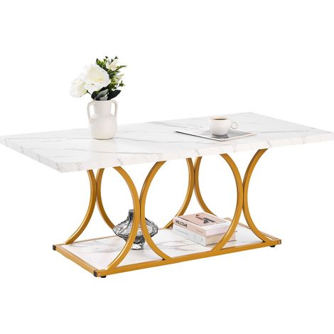 Table Basse en Faux Marbre, Table de Salon Rectangulaire à 2 Niveaux, Meuble de Rangement Plateau de 120x59,5 cm, avec Pieds Géométriques Structure Métallique, pour Bureau Salon, Blanc (1/5)
