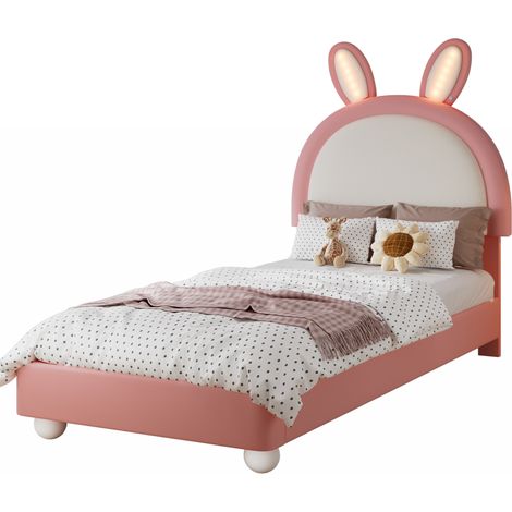Lit capitonné simple avec tête de lit en forme de lapin, bande lumineuse LED, bord en mousse anti-choc douce, cadre de lit stable, PU + contreplaqué, rose + blanc, 90 x 200 cm