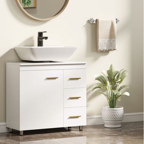 Meuble lave-mains en bois blanc 70x30x65 cm, sous vasque avec 3 tiroirs et fermeture douce (1/5)