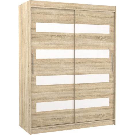 Armoire de chambre à coucher naturel 2 portes coulissantes naturel mat et blanc laqué Zanko 150cm (1/5)