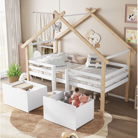 MEUBLIV Kinderbett 90x200 cm weiß und natur – mit Dach und Stauraum, ohne Matratze (1/5)