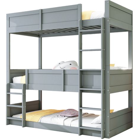 Lit superposé triple 90 x 200 cm en bois gris pour chambre d'enfant, trois couchages gain de place avec haute barrière de sécurité et style moderne, CHICFURN (1/5)