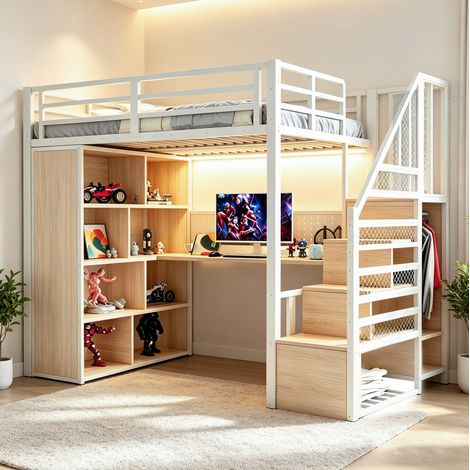 REDOM - Cama alta 90x200 cm, con escalera de almacenaje, escritorio, armario y LED, metal y madera blanco (Sin colchón) (1/5)
