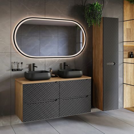 Doppelwaschtisch und Hängesäule 120cm Elora mit 4 Schubladen, Schwarz und Holzoptik (1/5)