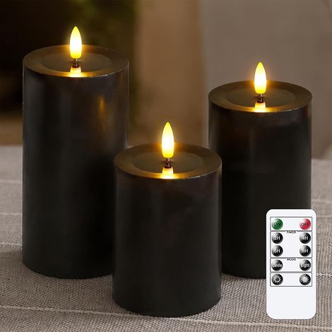 Lot de 3 Bougies LED Halloween Noires en Cire Véritable, Sans Flamme, Effet Vacillant, Télécommande et Minuterie (1/5)