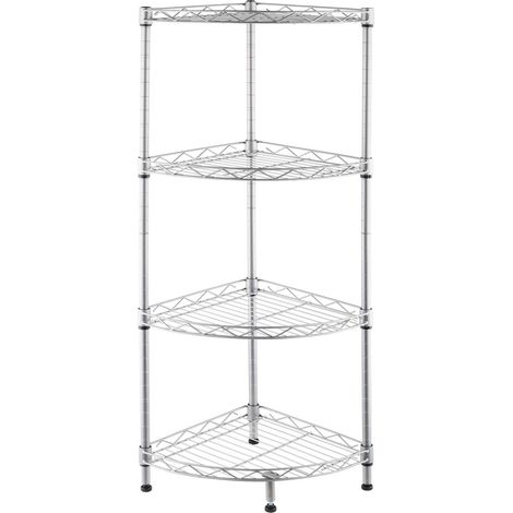 Étagère d'angle à 4 niveaux, réglable, en fil d'acier argenté, idéale pour la salle de bain et la cuisine. (1/5)