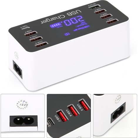 Chargeur USB avec écran LCD, 8 ports Type-C, charge rapide 40 W pour téléphone, tablette et ordinateur (prise UE)
