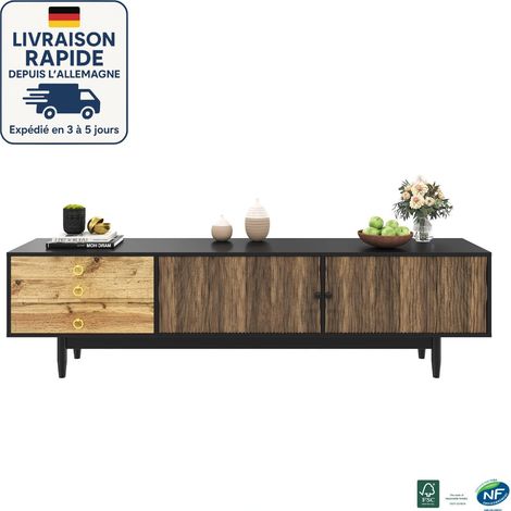 Mobile porta TV MODFU, effetto legno, 3 cassetti e 2 ante, adatto per soggiorno/camera da letto, nero + marrone, DMF, 180×38×50cm (1/5)