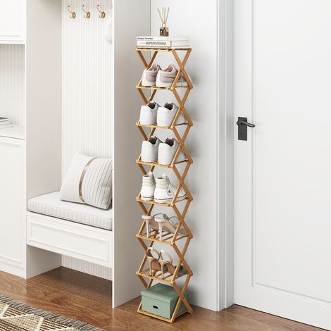 JF HOME BLISS Shoe Rack Foldable Bamboo Freestanding Shoe Organiser for Small Spaces Tall Stand No Assembly Slim Narrow Storage Shelf for Hallway Bedroom Entryway Corner (Wood Color, 8 Tier - Narrow) (1/5)