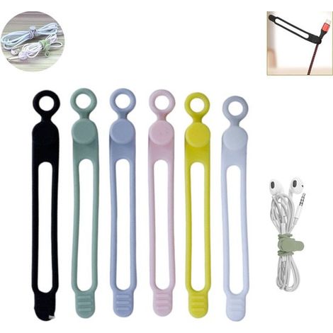 Lot de 6 attaches de câble en silicone - Colliers de serrage en silicone - Boîte de rangement réutilisable et ajustable pour câbles de charge, câbles audio et câbles réseau, idéale pour la maison et l (1/5)