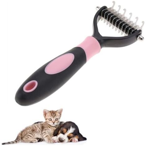 Peigne de démêlage de toilettage pour animaux de compagnie en acier inoxydable Brosse à peigne à noeud professionnel avec râteau à sous couche à 2 faces pour chats chiens brosse pour chien(Rose)--TRIM