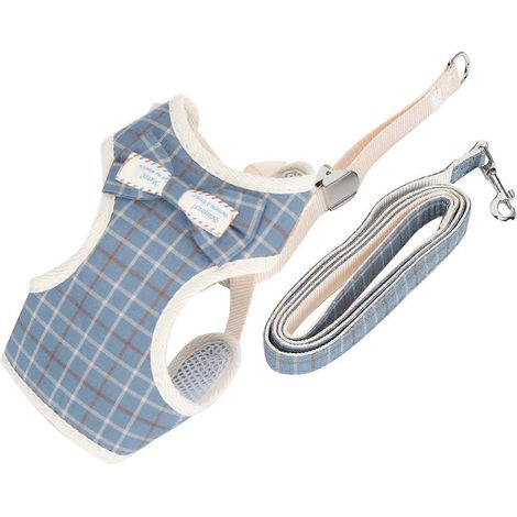 Harnais respirant pour chat avec laisse réglable, harnais anti-fugue pour promenade (Bleu quadrillé S (Fi) (1/2)