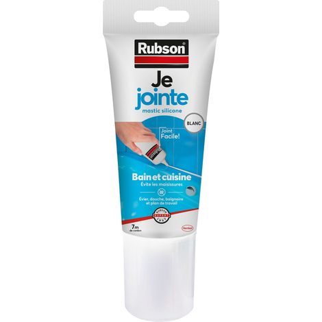 Rubson Je Jointe Mastic Blanc 150 ml, mastic étanche anti-moisissure en tube prêt à l'emploi, mastic silicone durable pour joints sanitaires spécial Bain & Cuisine